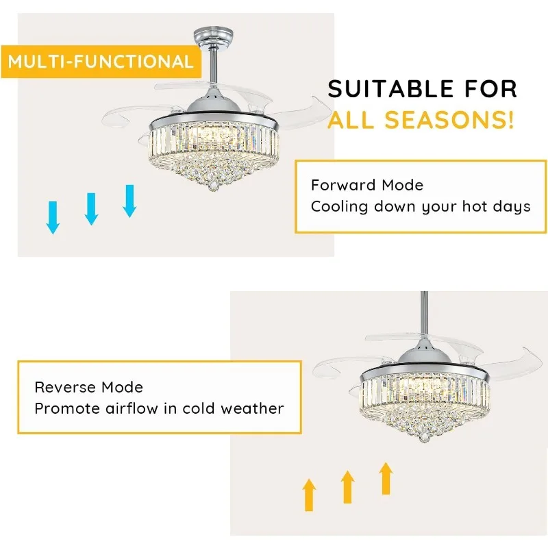 Moooni Modern Dimmable Crystal Fandelier, Retractable Blades Ceiling Fans with Light and Remote