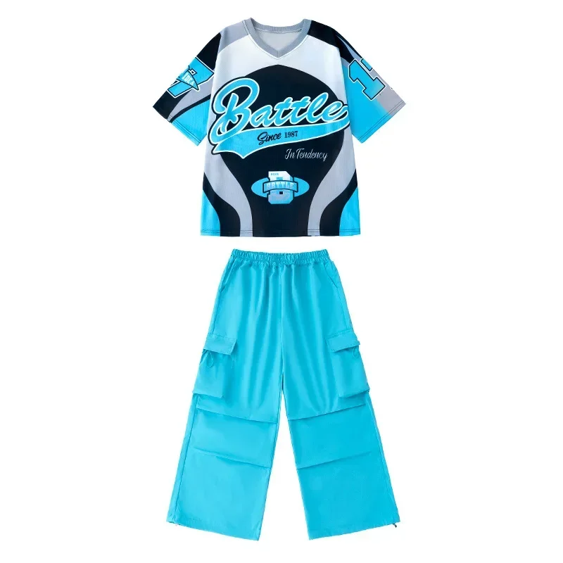 New Summer Teens Loose Blue T-Shirt Pants Black Shorts Boys Hip Hop Outfits Modern Jazz Dance Costume Girl Kpop Performance Wear image 5