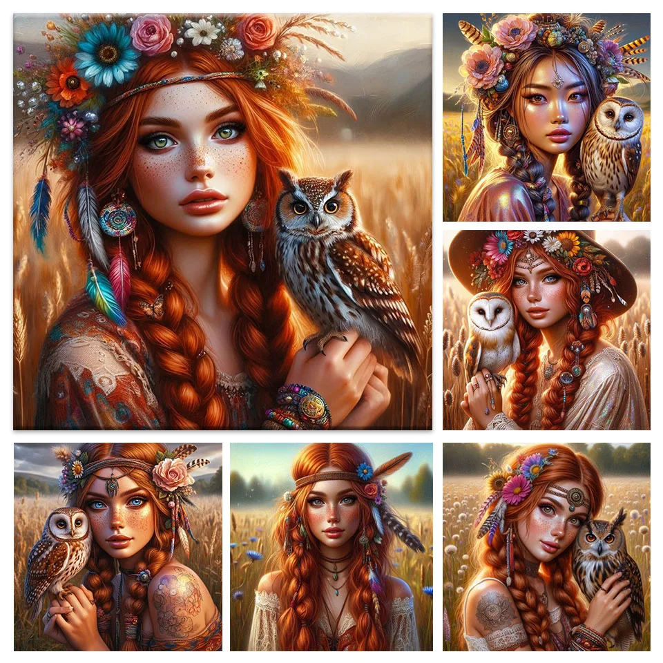 Beautiful Tattoo Tribe Girl and Owl DIY Diamond Painting New 2025 Dreamcatcher Diamond Mosaic Embroidery Sale Rhinestone Decor