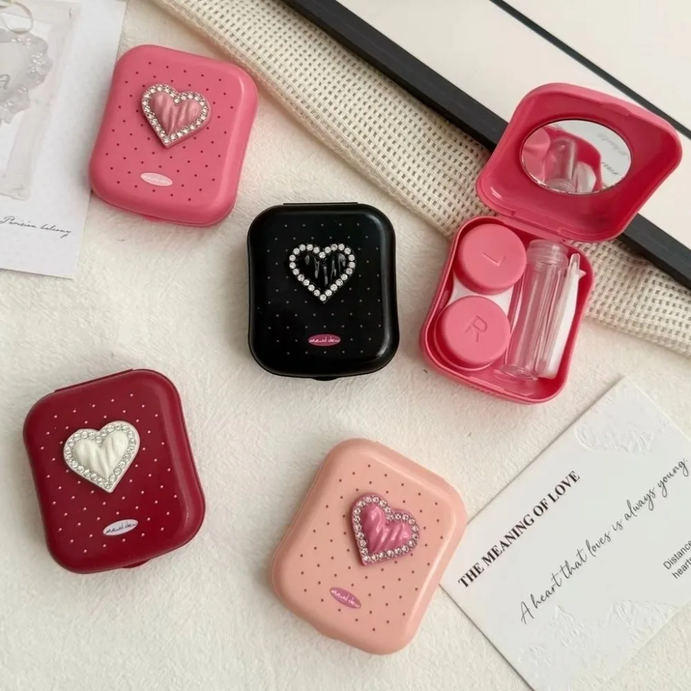 Built-In Mirror Contact Lens Case With Tweezers Heart Shape Contact Lenses Container Square Rhinestone Decor
