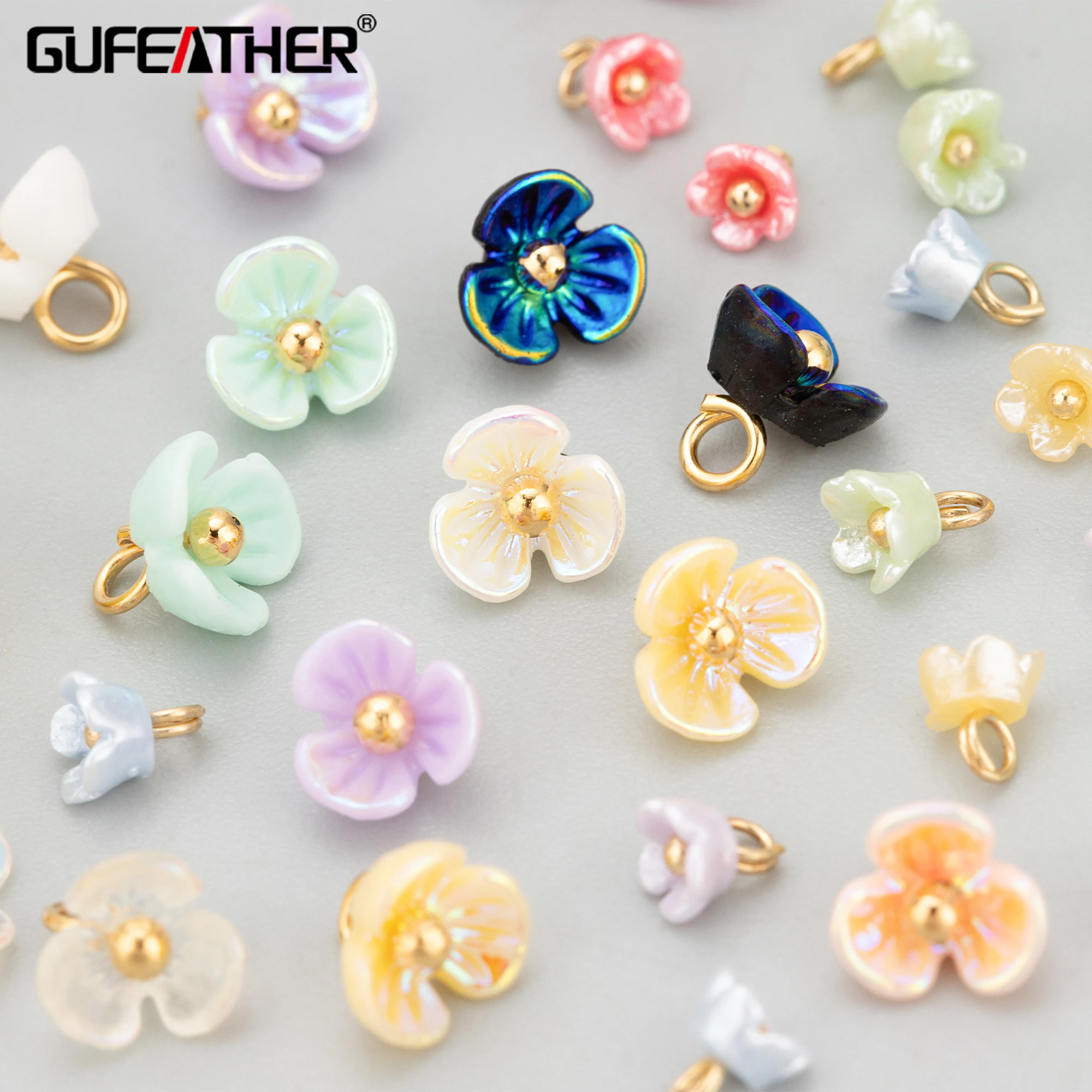 GUFEATHER MF52, akcesoria jubilerskie, pozłacane 18k, miedź, plastikowe kwiaty, ręcznie robione, wisiorki, tworzenie biżuterii, wisiorki diy, 50 sztuk/partia