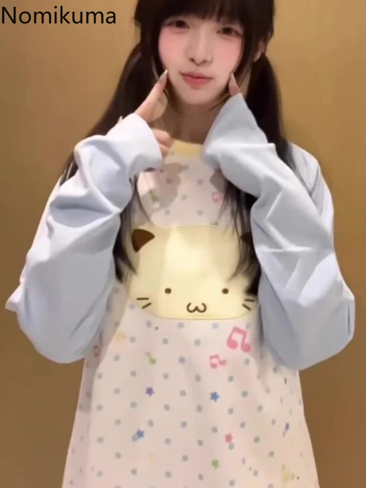 Japanische Frau T Shirts Y2k Tops Patchwork Polka Dot Cartoon Tees Beiläufige Lose Camisetas Mode Nette T-shirts Frauen Kleidung