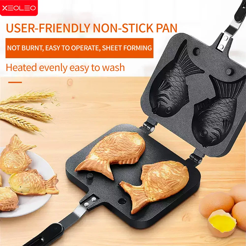 XEOLEO Handheld Waffle Baking Mold Taiyaki Double Baking Pan Fish Shape Waffle Maker Pan Non-stick Plate