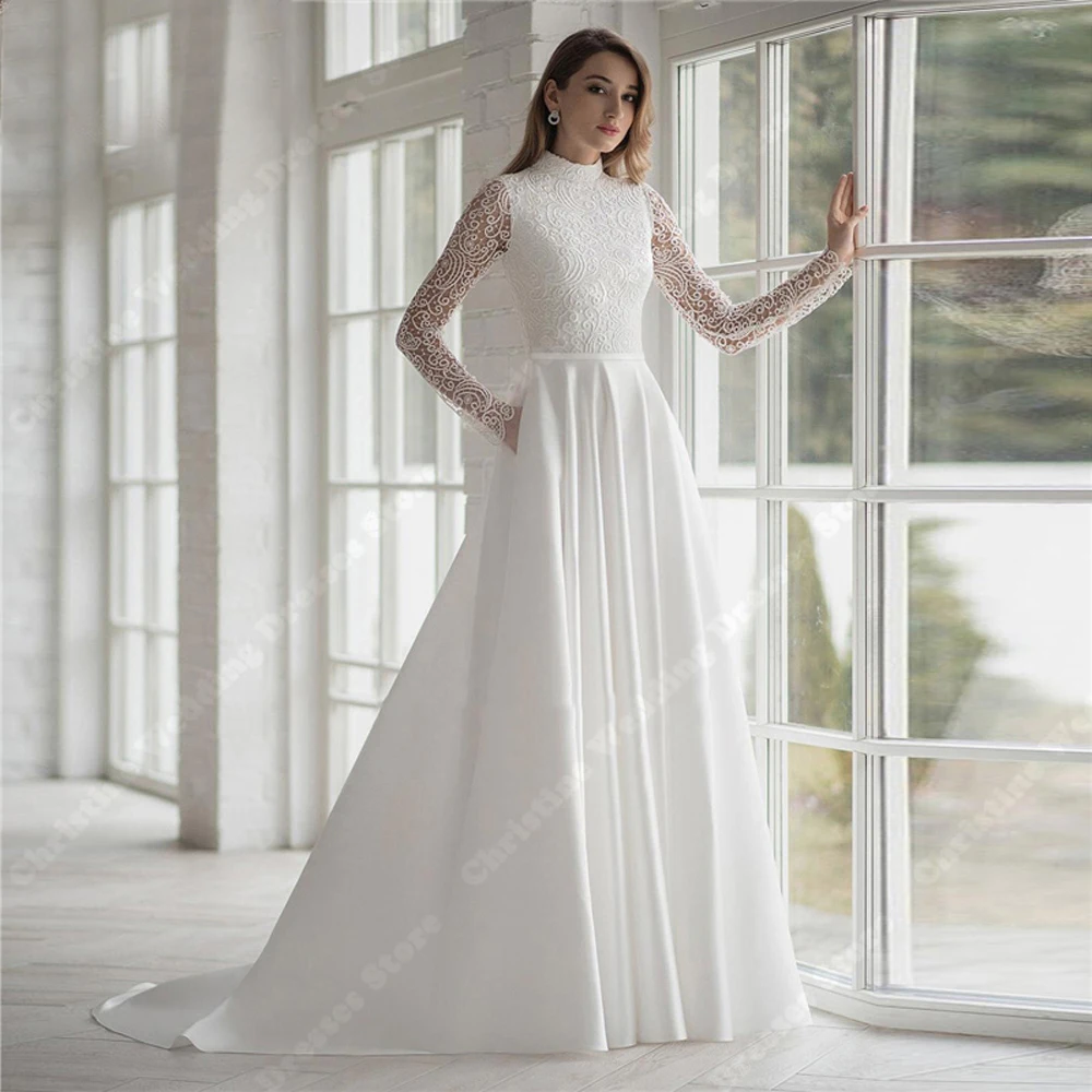 High Collar Women Wedding Dresses Elegant Long Sleeves A-Line Bridal Gowns Mopping Length Engagement Ball Bridal Robe Customized