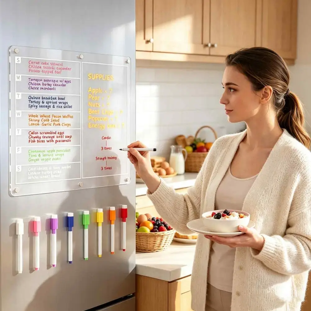 Acrylic Magnetic Planning Board, Dry Erase Notepad Memo Board for Fridge, Clear Meal Menu Planner Whiteboard with 8 Markers
