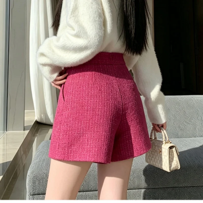 New Autumn Women's Fashion Woolen A-line Wide Leg Shorts High Quality Double Breasted Loose High Waisted Casual Pants