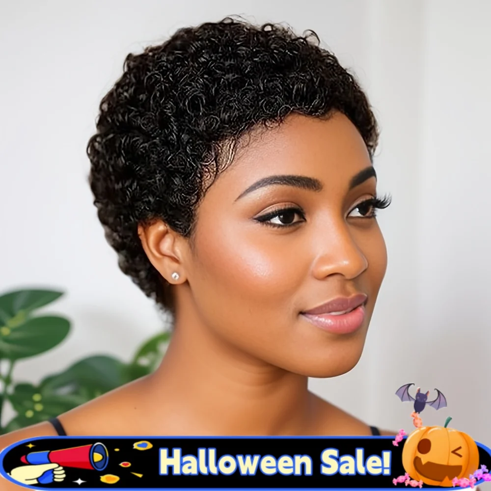여성용 시크한 짧은 곱슬 가발 인모 픽시컷 브라질 인모 풀 머신 가발