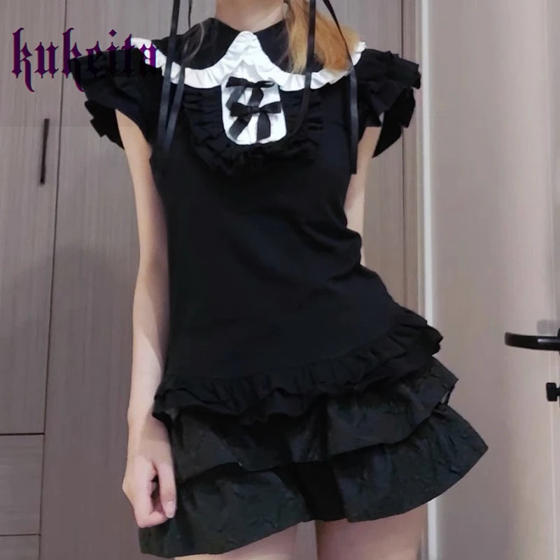 Harajuku Sweet Bow Lolita T Shirt Gothic Girls Cute Bunny Ear Lace Ruffles Short Sleeve Tee Y2k Aesthetic Women Kawaii Crop Tops