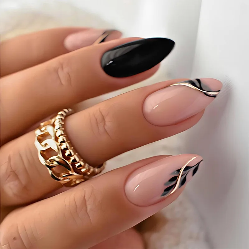 

24PCS French Marble Lines Simple and Blended Fake Nails Black and Pink Removable Almond Nails for Woman Including Nail Tools