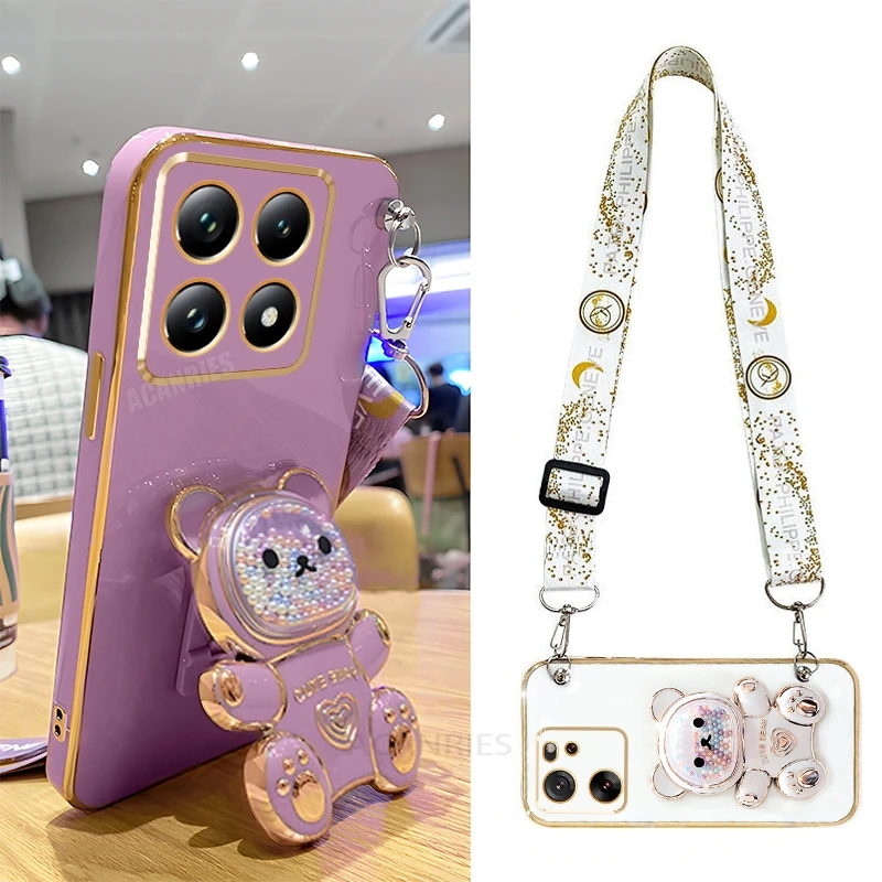 Mi14t Crossbody Lanyard Bear Silicone Case On For Xiaomi Mi 14t Pro Mi14 14 T 13t 12t 11t 10t 15 Holder Cover Xiaomi14t Mi14tpro