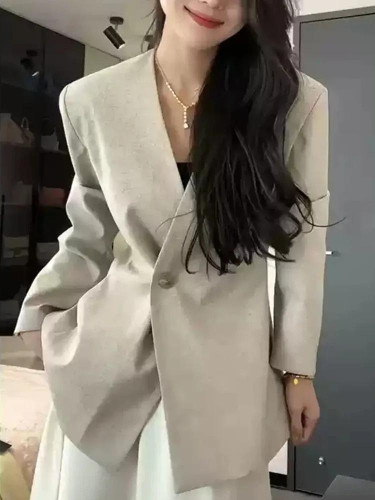 KWTX 2025 ファッション レディース Vネック ブレザー シングルボタン スリムフィット エレガント オフィス ジャケット カジュアル シック トップス 春夏 薄手 ルーズ
