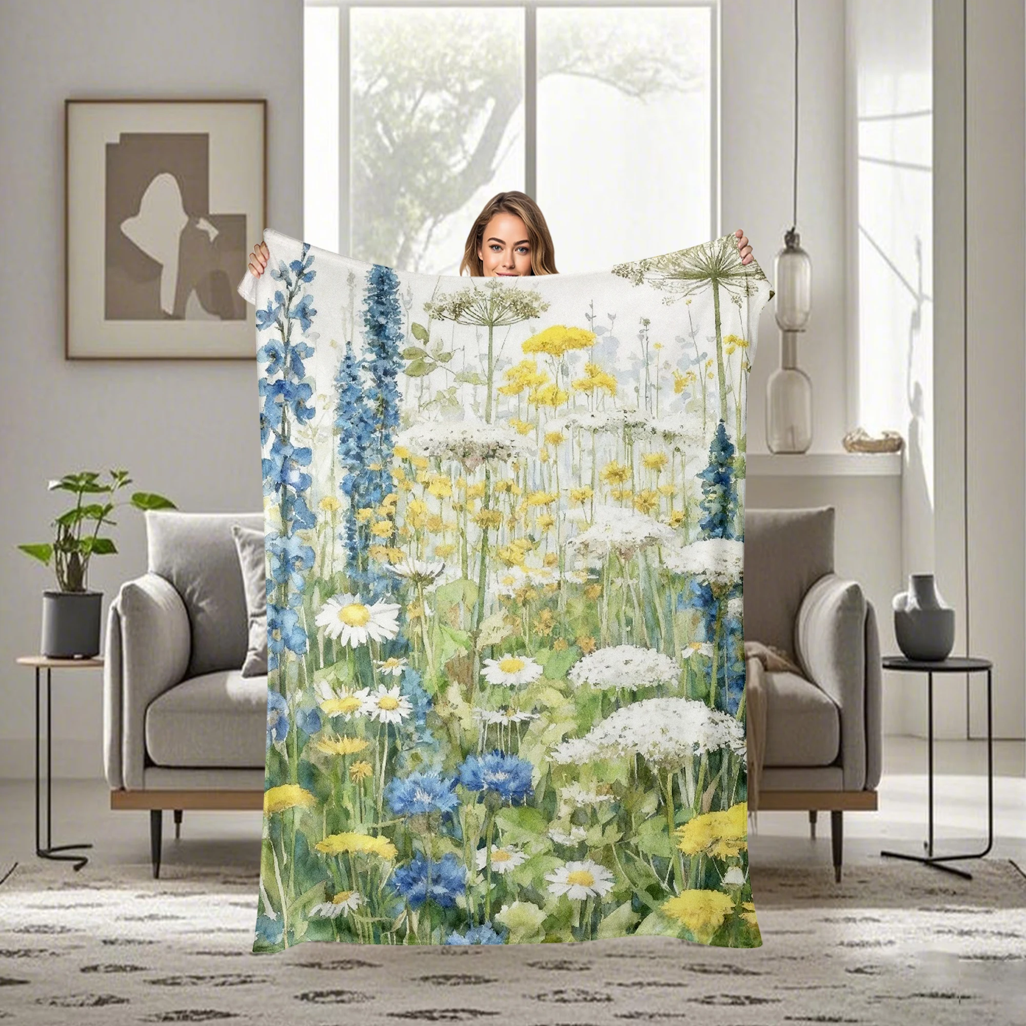 Vintage Wildflower Flannel Throw Blanket - Soft Cozy Suitable for - Bedspread with Watercolor Daisy Larkspur Meadow, Blue White Yellow Suitable for Sofa Bed Decor, Machine Washable Bedding Gift