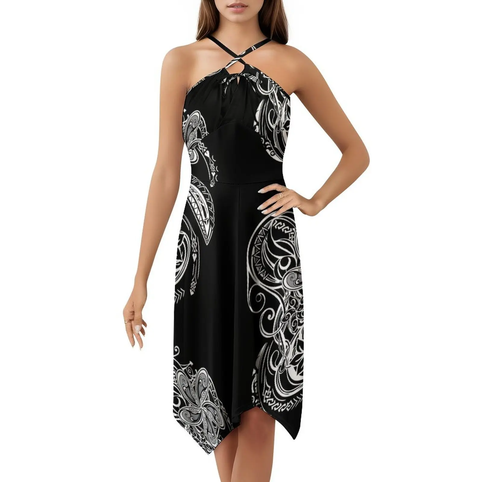 هاواي أبيض وأسود القبلية المواضيع الأزهار سموك فستان للنساء الربيع الصيف فستان كاجوال للحزب هاواي ساموا #5