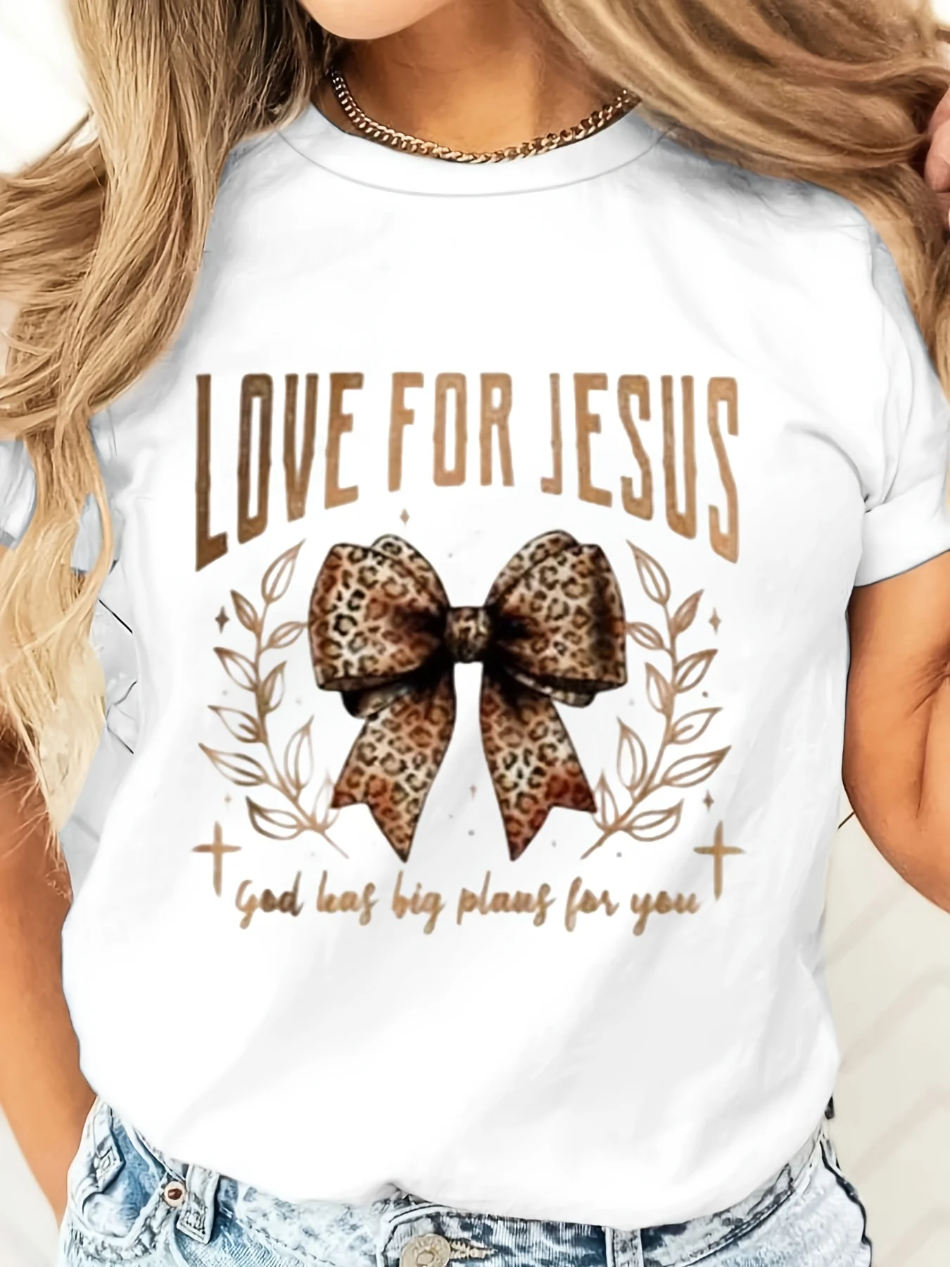 Leopard Bow Love For Jesus Graphic Tee, Christian Faith T-Shirt, Religious Inspirational Top, Church Worship Daily Wear