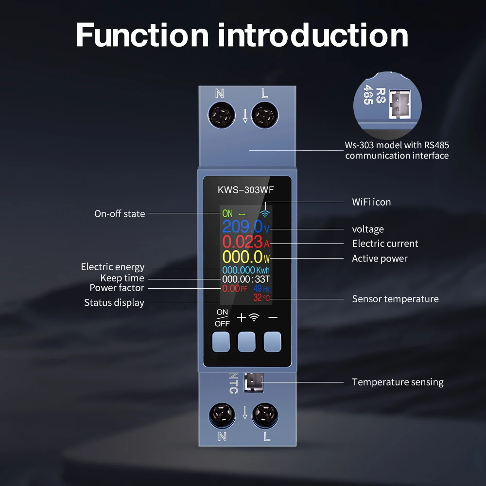 KWS-303 8 in1 Power Meter Smart Switch Multifunctional AC Meter Timer Relay Guide Rail Type Metering Switch 85-290V Energy Meter