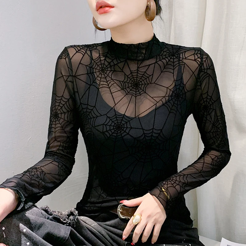 Autumn Long Sleeved High Necked Women's T-Shirt Elegant Slim Sexy Black Mesh Tee  Spider Web, Flocking Tops