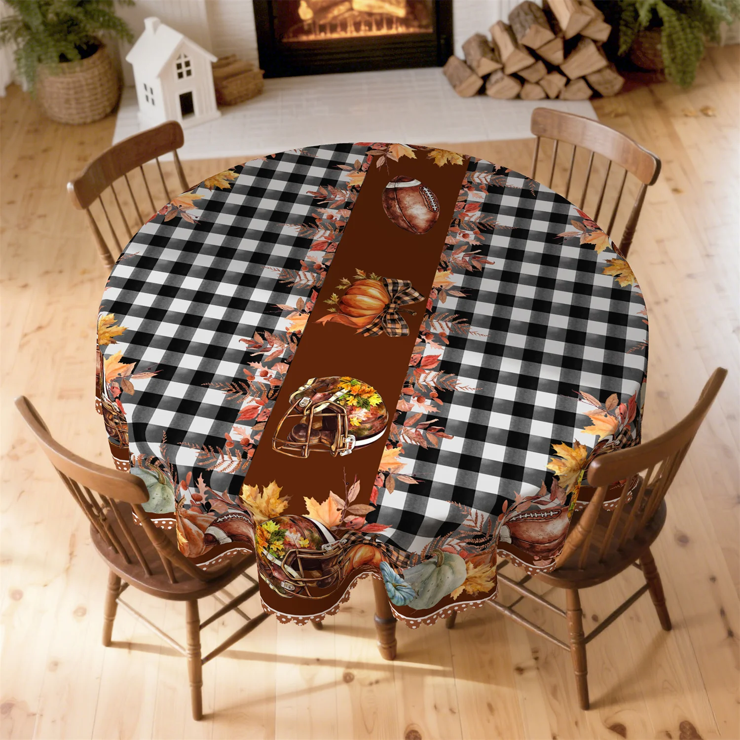 Pumpkin football autumn leaf black and white checkered autumn tablecloth, 1 pack, suitable for Thanksgivingzyc