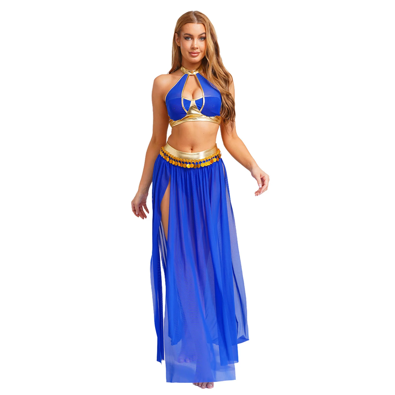 

Women Belly Dance Outfits with Metallic Halter Crop Top Sequin Tassel Split Mesh Skirt Halloween Indian Arabian Princess Clothes