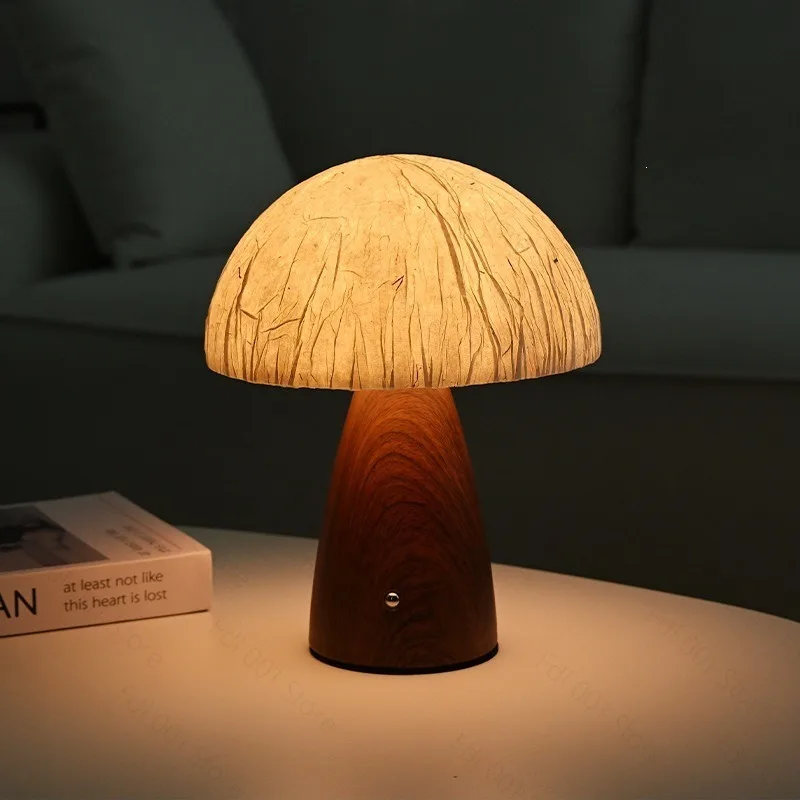 Mushroom‑Shaped Rechargeable Table Lamp Rice Paper Shade Wood Grain Ceramic Base Ambient Night Light for Bedroom Living Room Use