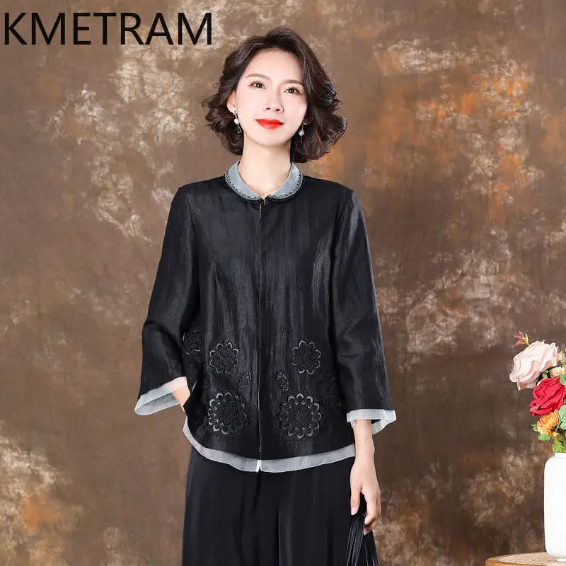 KMETRAM 100% Mulberry Silk Women Shirt 2026 Spring Embroidered Openwork Organza Patchwork Nine Quarter Sleeved Shirts Ropa Mujer