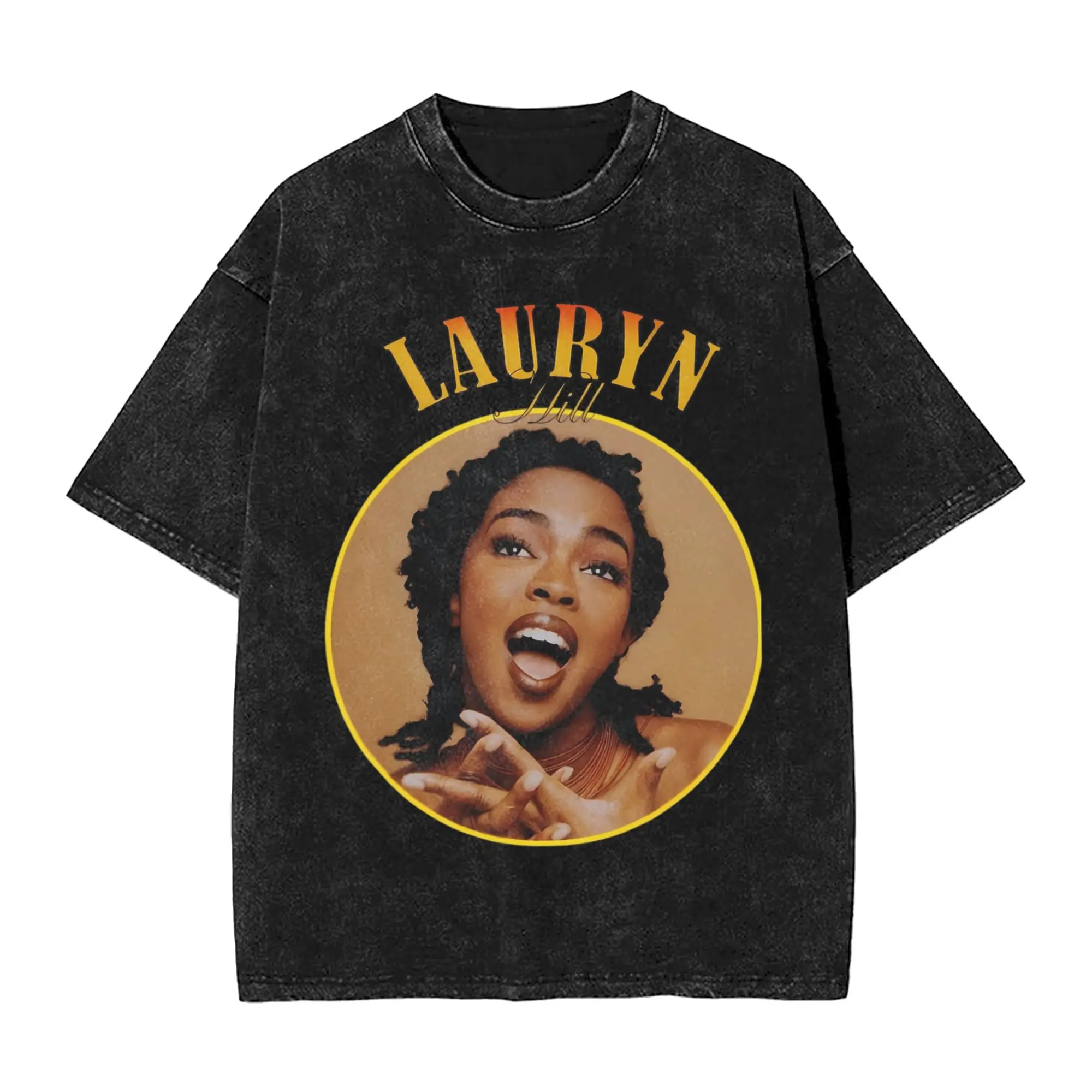 Washed T Shirt Lauryn Hills Portrait Circle Hip Hop Fashion T-Shirts Street  Streetwear Short Sleeve Printed Tops Tees Men Women