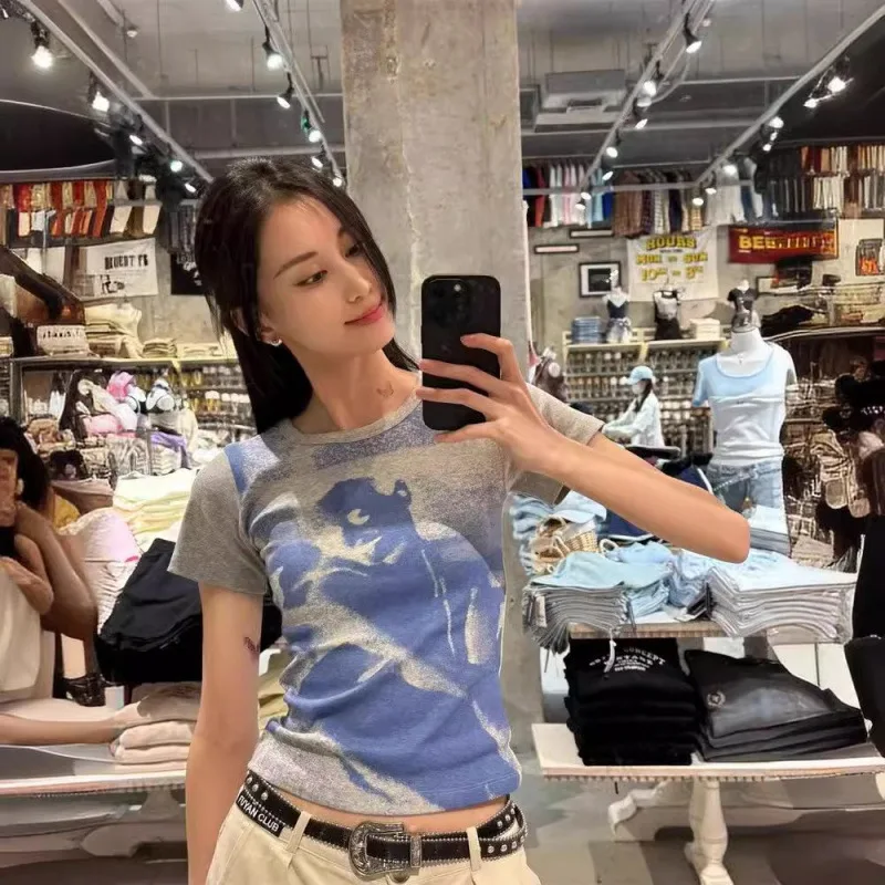 

Ретро-футболка с коротким рукавом для женщин, летняя, с принтом, круглым вырезом, в стиле Spicy Girl, для повседневной носки, из других тканей