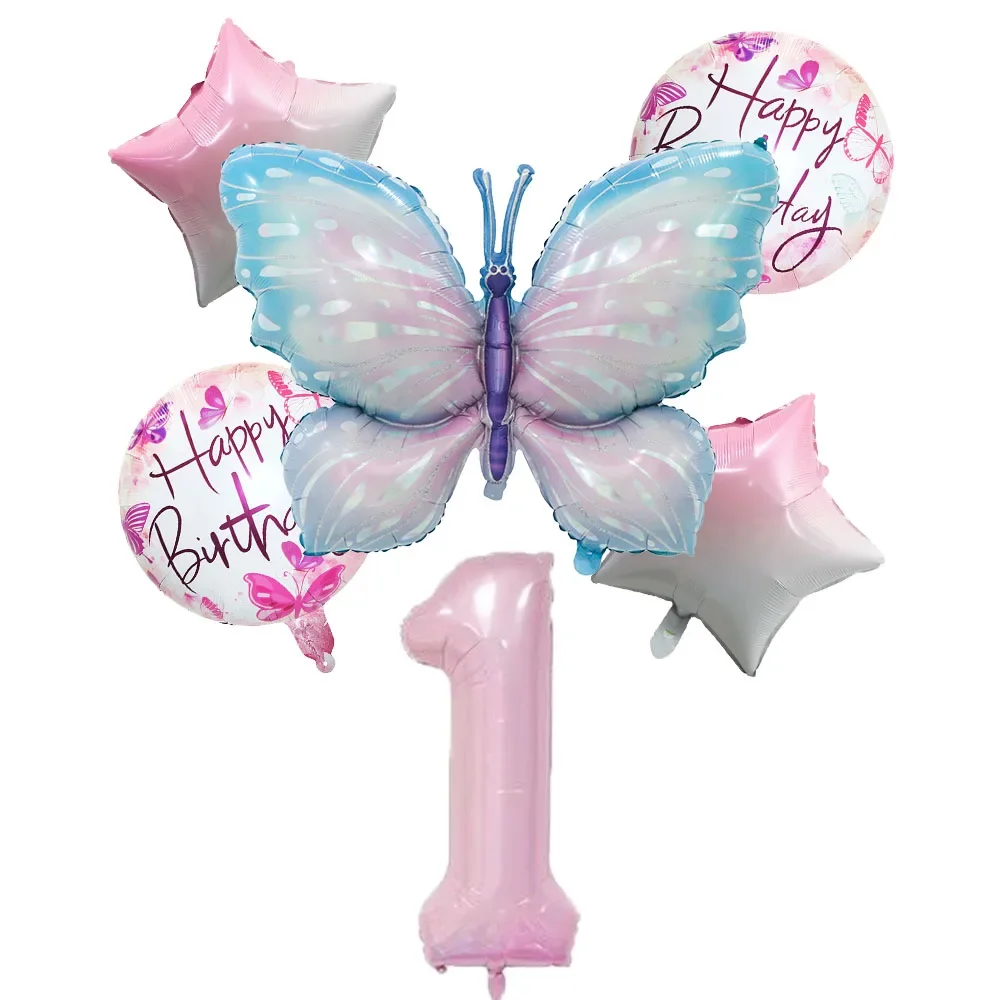 Grande borboleta Foil Balloons Set, balão colorido número, festa de aniversário e decoração do casamento, azul e rosa, 40 ", 6pcs