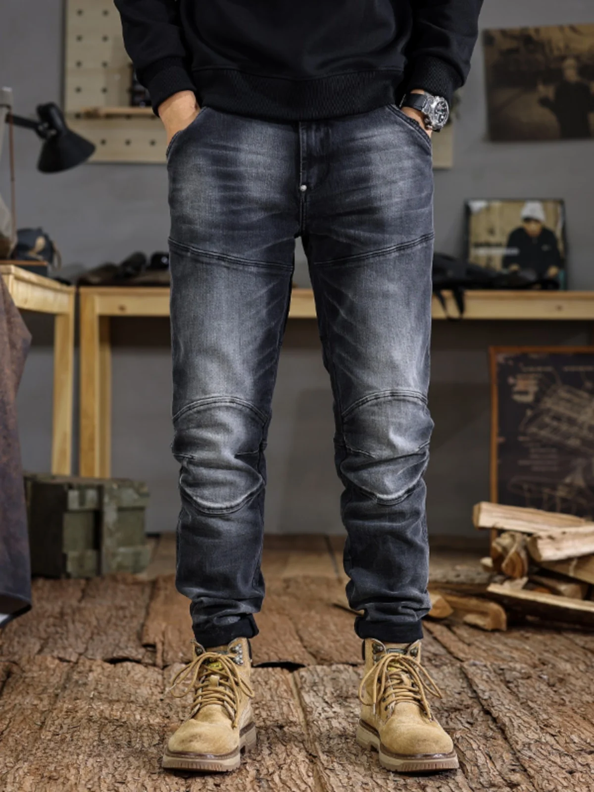 

Мужские джинсы премиум-класса с вставками, эластичные, облегающие, в мотоциклетном стиле, повседневные, прямые, длинные брюки, молодежные, модные, из хлопка со стрейчем