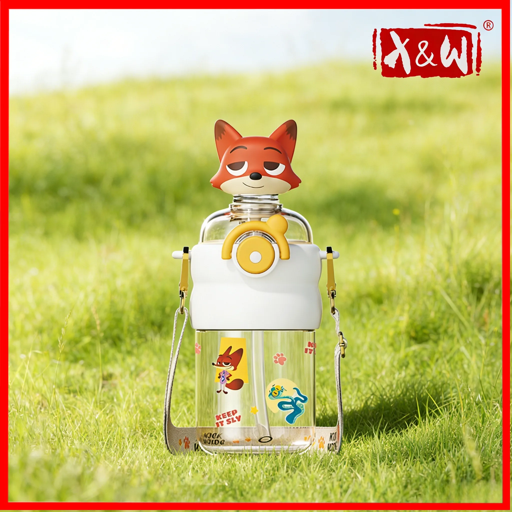 X&W 600ML Zootopia Shaking His Head Strohbecher Tritan+PP-Becher mit schüttelndem Kopf Puppe und Trageseil Wasserflasche Campinggebrauch