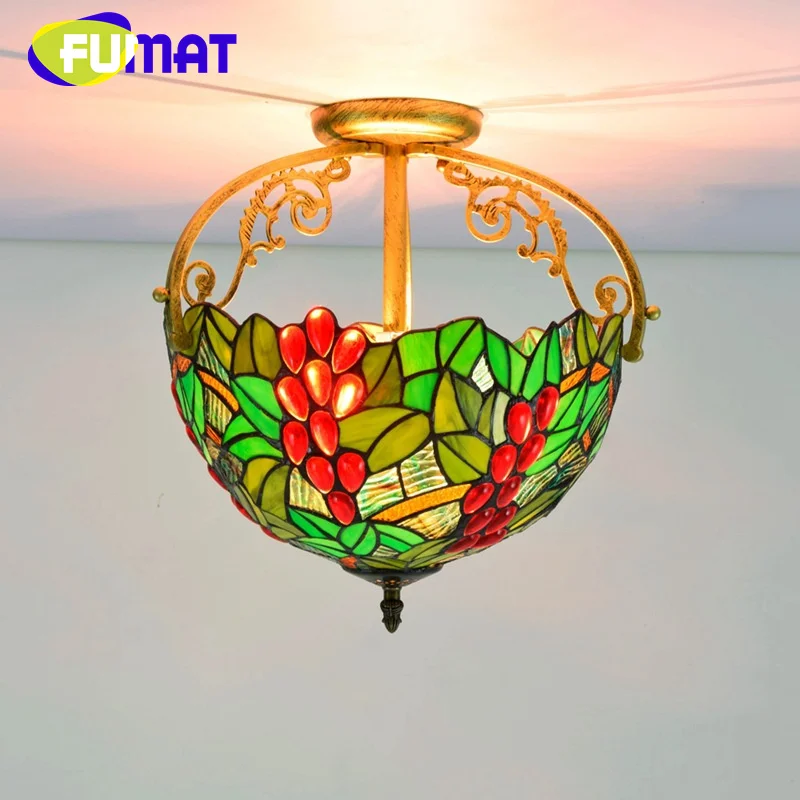 

FUMAT Tiffany Pastoral Green grapes Stained glass 12inch chandeliers deco the dining room bedroom hallway ceiling light