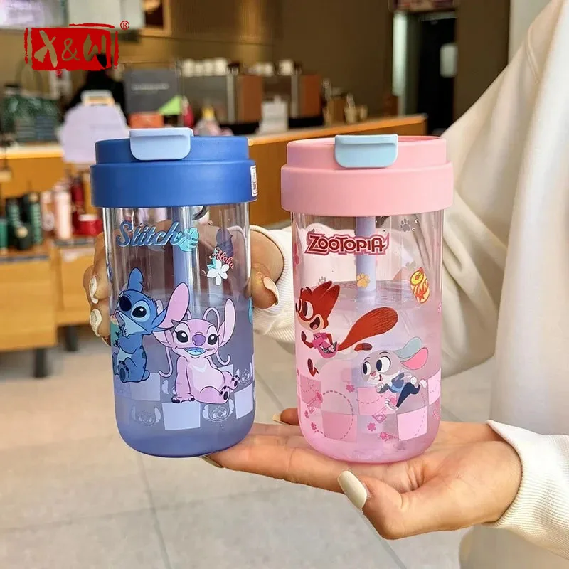 X&W for Zootopia Tritan Judy Stitch Straw Cup 460ml Children's Student Portable Summer Outdoor Sports Cold Drink Cup Gift