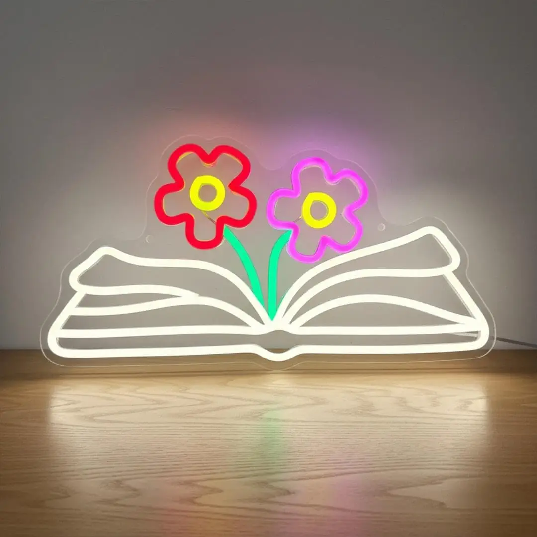 Open Book With Flowers LED Neon Sign USB Floral Book Neon Lamp Bookstore Library Reading Bedroom Study Room Wall Decor Gift