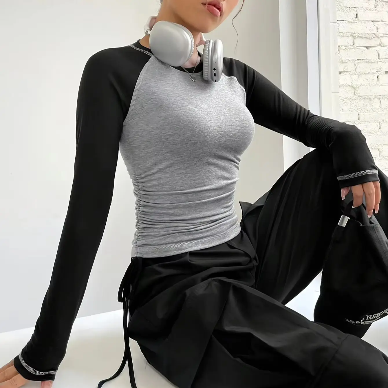 [You're My Secret] Women Raglan Long Sleeve T-Shirt Gray Black Color Block Shirt Slim Fit Streetwear O-neck Top for Daily Casual