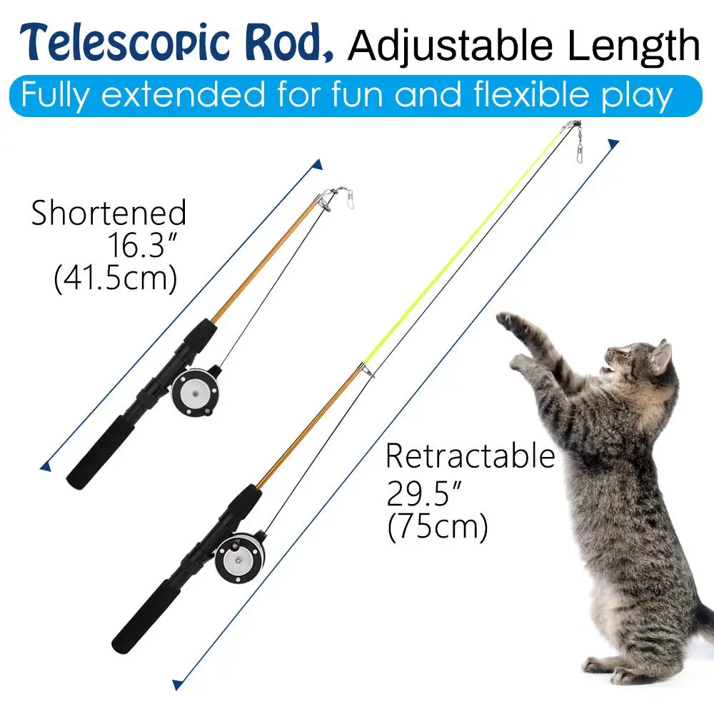 Cat Feather Teaser Wand Toy,Interactive Retractable Fishing Pole Wand Catcher Exerciser with Assorted Refills Fish, Dragonfly Wo