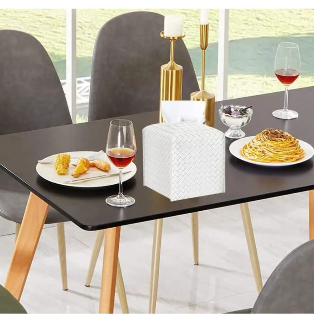 PU Leather Square Woven Tissue Box Waterproof Foldable Napkin Holder Nordic Style Tissue Holder Dinning Table