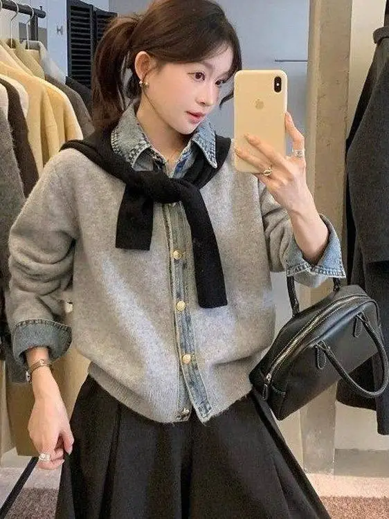 

Retro Denim Collar Splice Knitted Open Cardigan Women's Autumn Winter Faion Slimming Versatile Sweater Trendy Long Sve