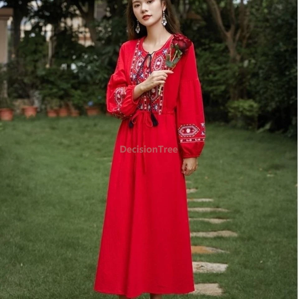 

2026 yunnan li jiang vacation dress chinese ethnic style cotton linen embroideried tassel robe literature art retro women dress
