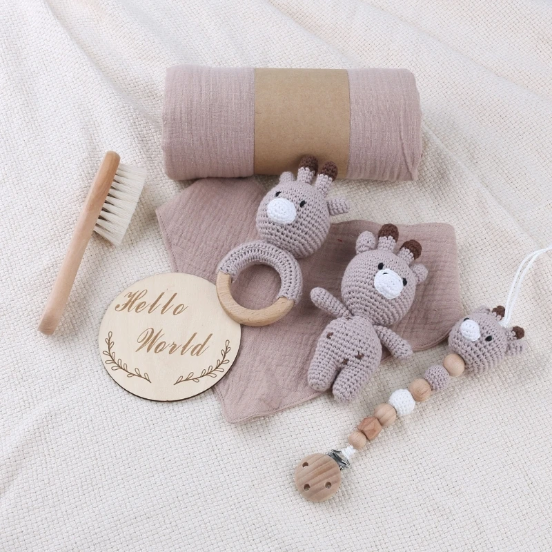 1 Set Baby Stuffed Animal Doll kawaii Panda Plush Toys+Crochet Rattle+Hair Brush+Newborn Swaddle Wrap Baby Birth Shower Gift Box