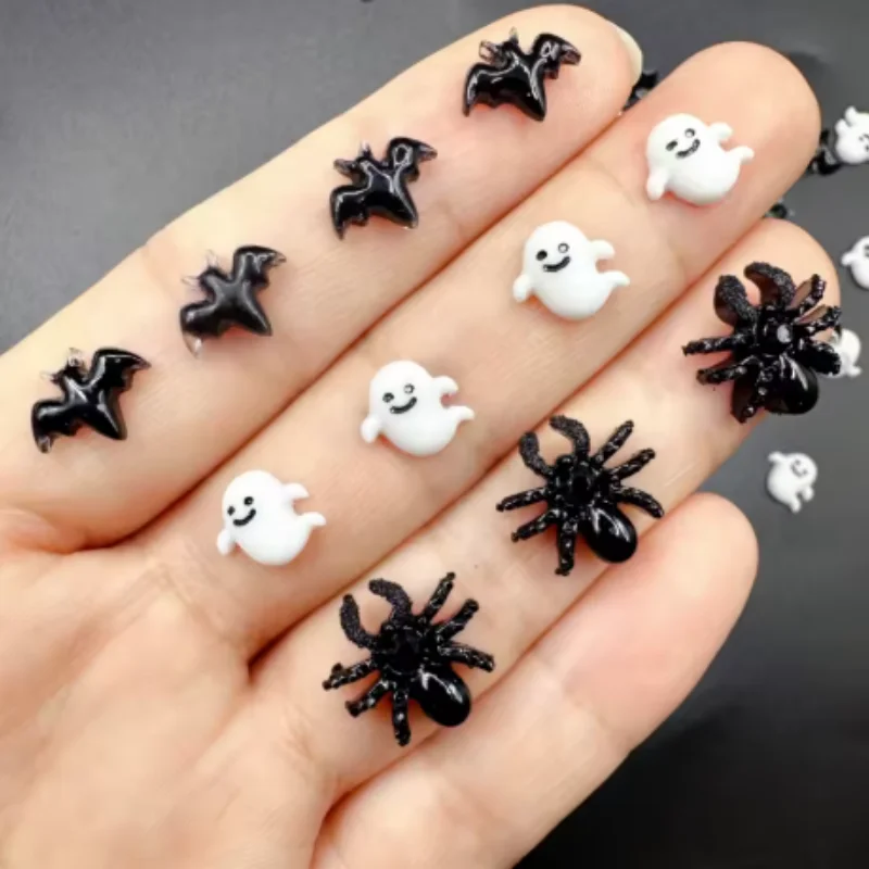 20pcs Halloween Nail Decorations Supplies Black Bat Spider Autumn Nail Art Accessories Dark Flatback Resin Nail Charms Gems DIY