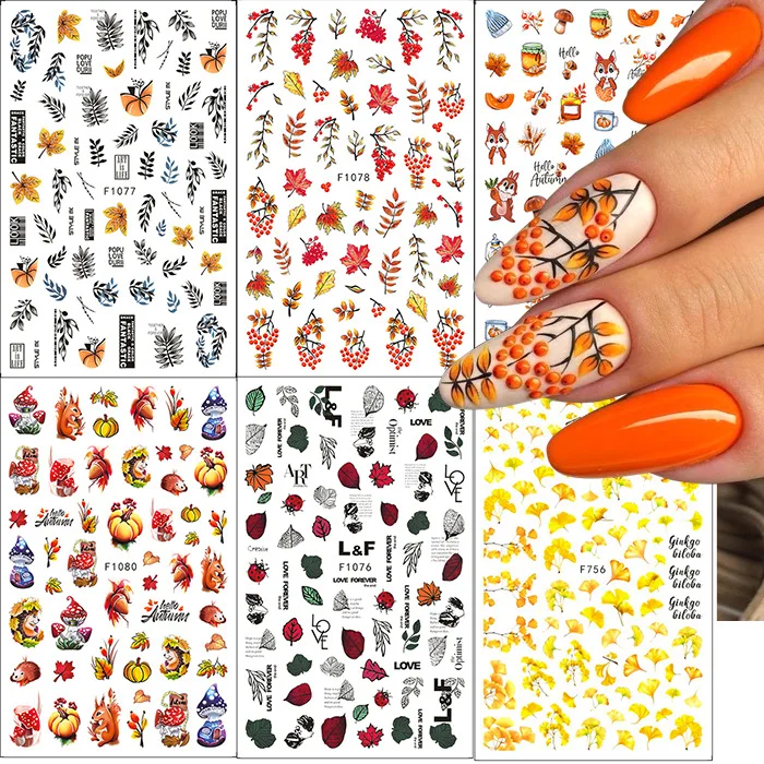 Fall Nail Stickers Thanksgiving Day 3D Nail Decals Yellow Maple Leaves Fall Design Nail Art Stickers Cartoon Pumpkin Nail Art De