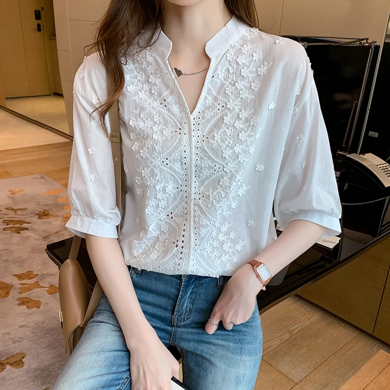 Summer Elegant Embroidery Fashion Spring Women Blouse Tops V-neck Lantern Sleeve White Shirt Vintage Cotton Female Clothes 24350