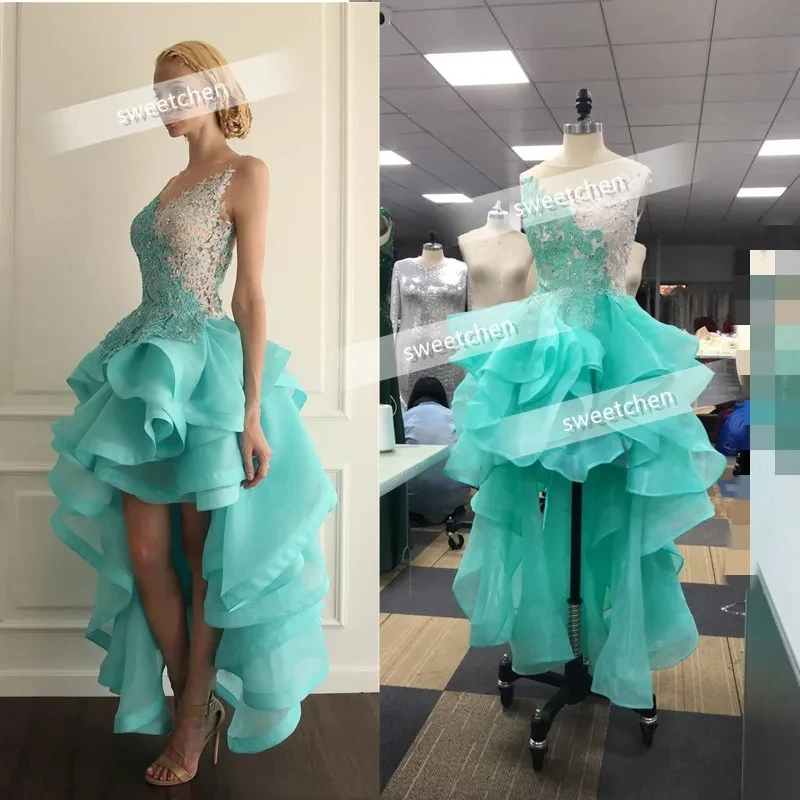 

Illusion Back Homecoming Dresses High Low Ruffles Short Prom Dress Appliqued Cocktail Dresses Clearance Price In Stock