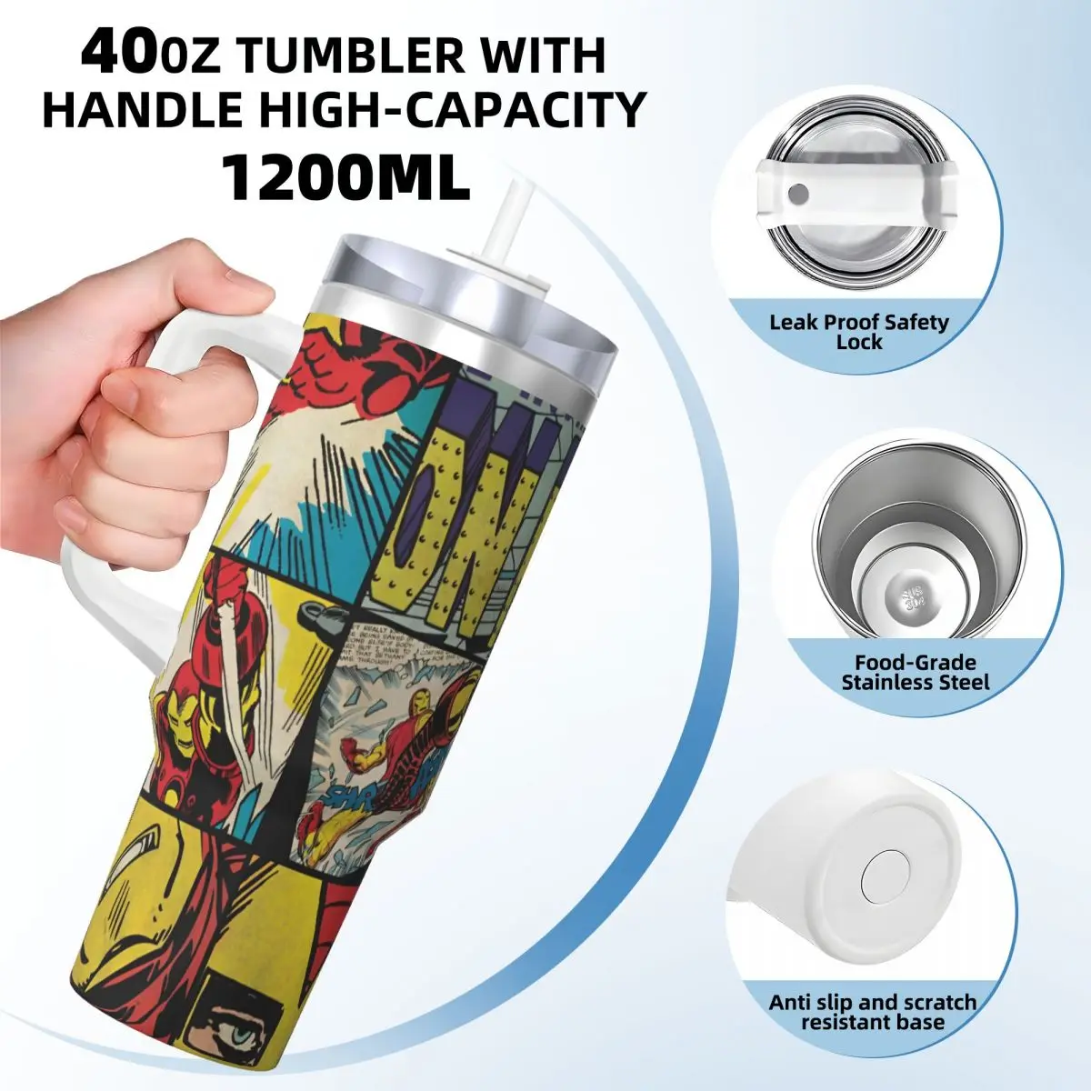 Stainless Steel Tumbler Classic Iron Man Comic Book Thermal Mug Insulated Cold Drink Car Mugs Driving Printed Water Bottle