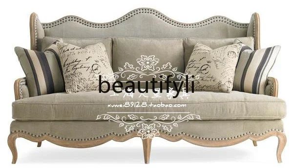 

A38 American country solid wood fabric sofa double triple French sofa retro