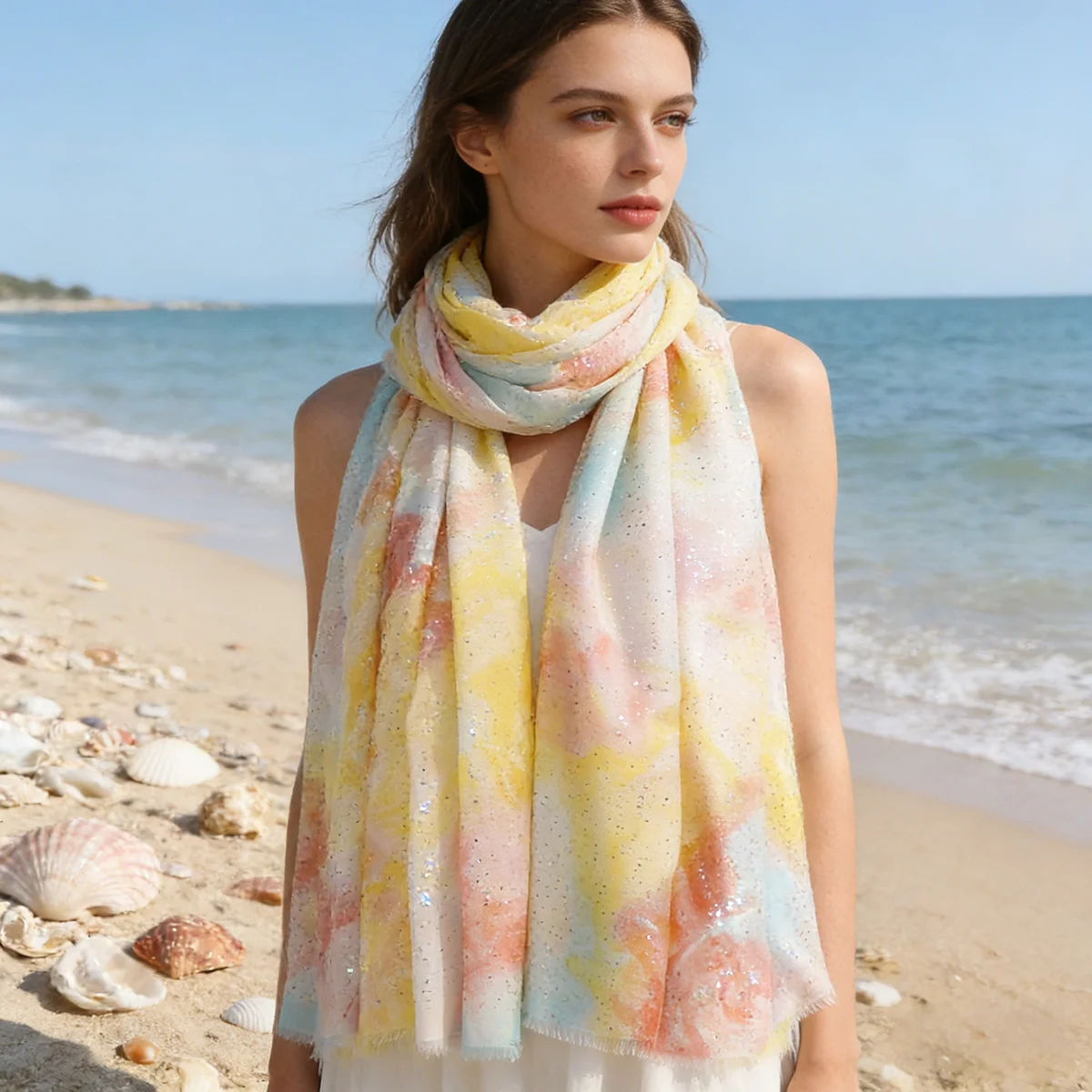 Women's Yellow Pink Blue Gradient Dyeing Gold Sequin Scarf, Lightweight Breathable Polyester Neck Scarf, 88x180cm Large Decorati