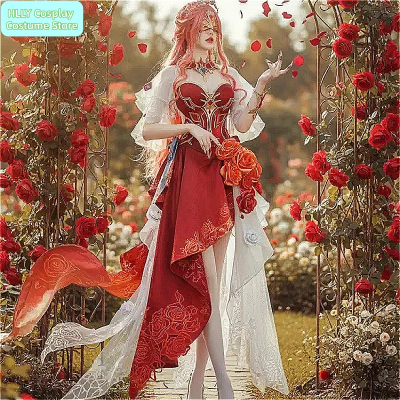 Naraka: Bladepoint Viper Ning Dream Cosplay Costume Red Rose Dress with Crown for Women Halloween Party