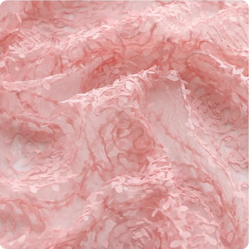 

Rose-pink soft mesh fabric for women's evening gowns dresses lace three-dimensional embroidery polyester fabric