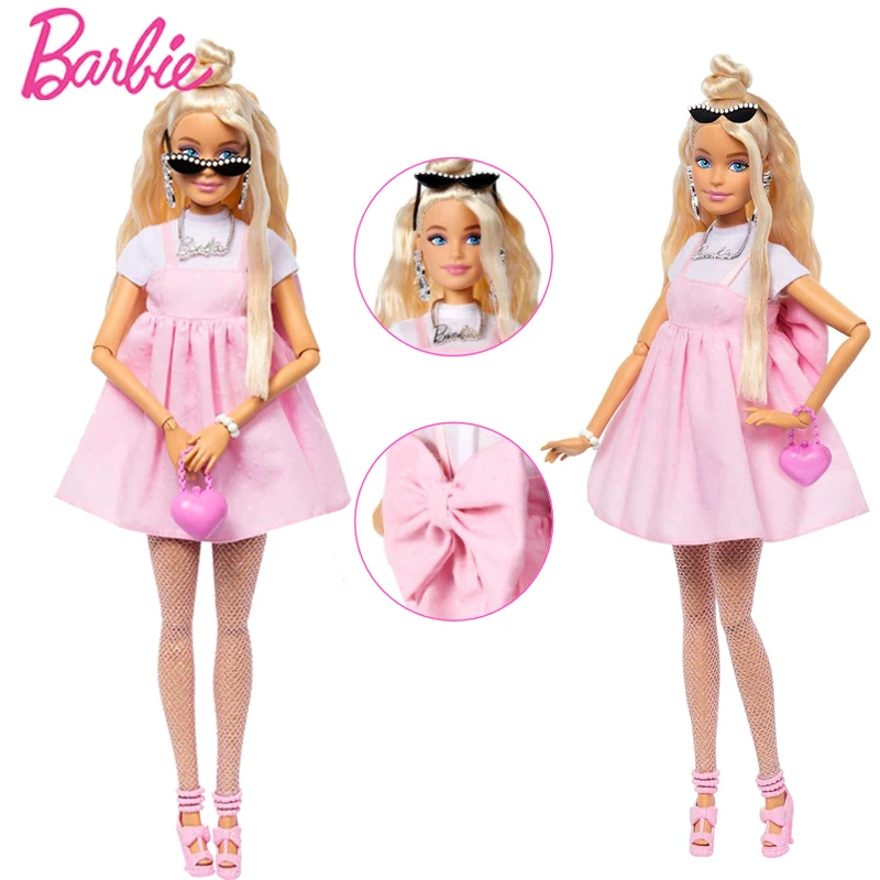 Genuine Barbie Deluxe Style Dolls Pink Dress Outfit Blond Hair Knot Bow Accessories Mesh Tights Toys For Girls Sweet Gift