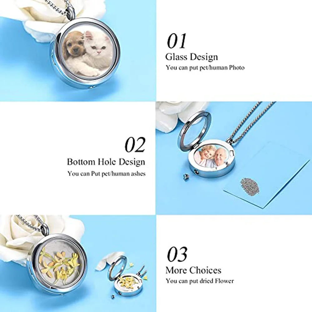 Personalized Glass Photo Frame Urn For Ashen Engravable Pendant Stainless Steel Keepsake Jewelry Necklace For Women Men Gift