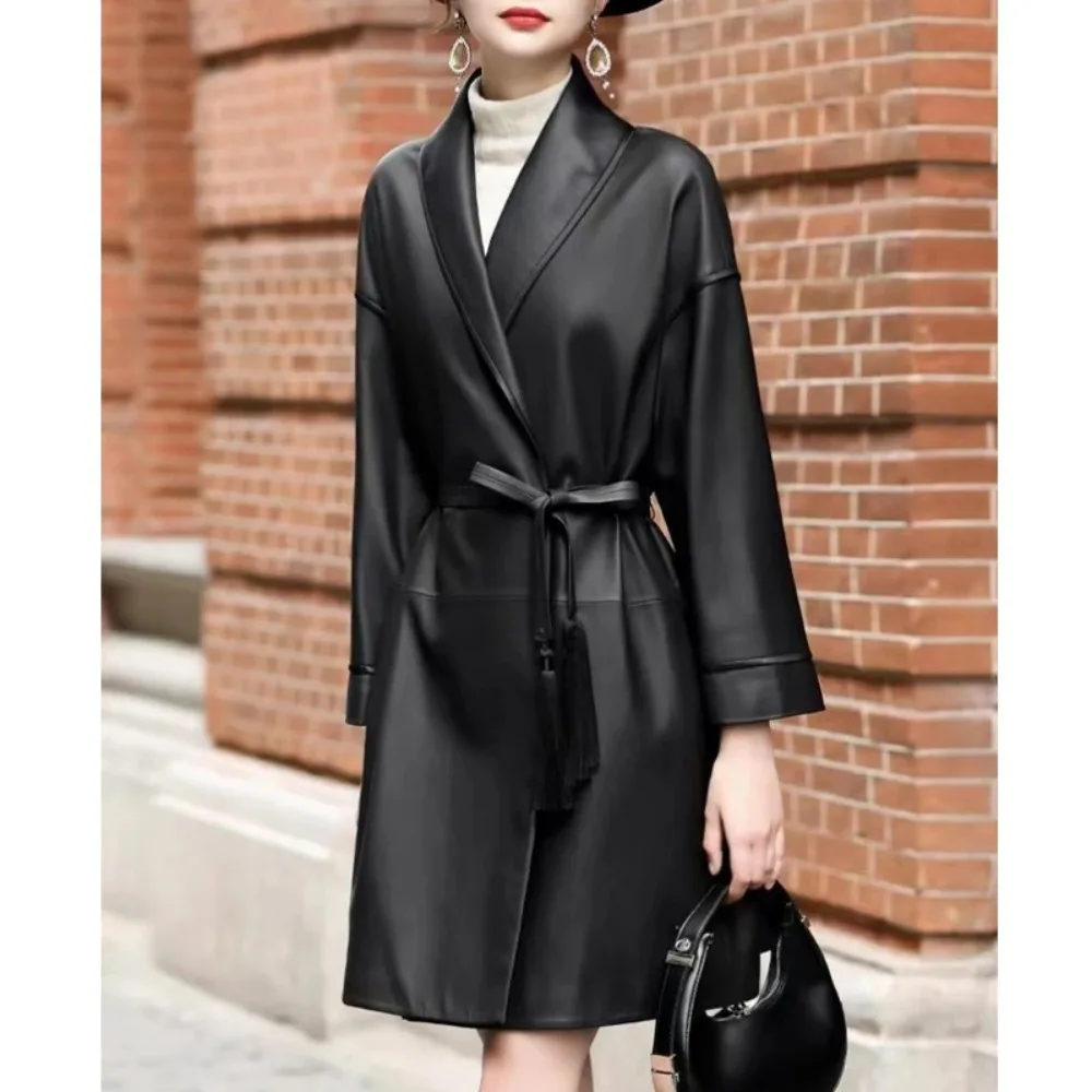 2025 Autumn V-neck Genuine Leather Mid Length Trench Women Fashion Lace-up Belt Ladies Black Sheepskin Trench Coats